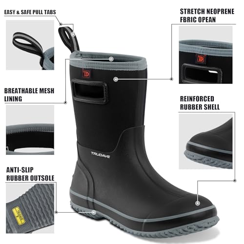 Rubber Boots for Men, Warm 4.5mm Neoprene Waterproof Insulated Rain Boots, Mid Calf All-Season Mud Boots for Outdoor Work Hunting (Size 6-13)3
