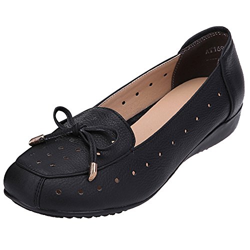 Jamron Femmes Cuir Véritable Chaussures de Confort Semelle Souple Ballerines Bas Talon Compensé Chaussons Évidée Noir SN020628-2 EU40.5