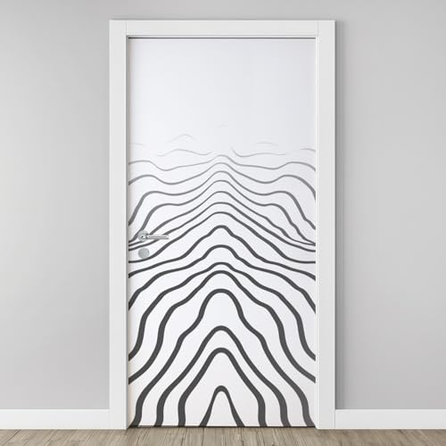 Sticker Mural Porte 3D Abstrait Vague Ligne 83x204cm Noir Blanc Dégradé Autocollants Porte Trompe L'oeil Effect Auto-adhésif Vinyle Moderne Minimalisme Stickers Muraux Maison Déco Art Y4d07