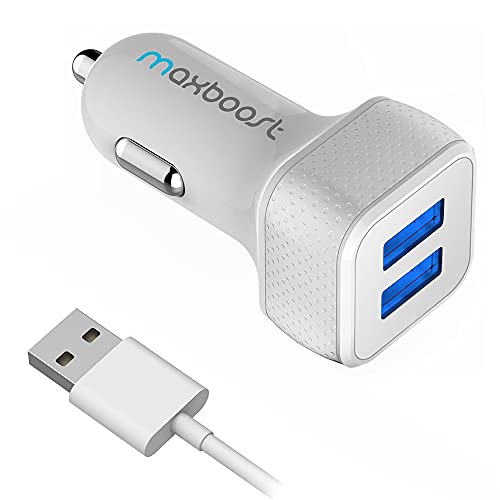 Maxboost 4.8A/24W 2 Smart Port Car Charger with 3ft Cable Output [White] for iPhone 6/6S Plus 5S 5 5C 4S, iPad Pro/Mini, iPod; Galaxy S7 S6 Edge, Note 6 5 and More