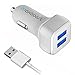Maxboost 4.8A/24W 2 Smart Port Car Charger with 3ft Lightning Cable Output[Apple MFI Certified][White] For iPhone 6/6S Plus 5S 5 5C 4S, iPad Pro/Mini, iPod; Galaxy S7 S6 Edge, Note 6 5 and More