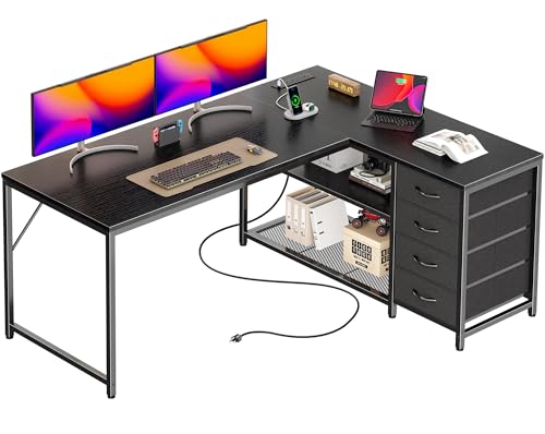 PRAISUN 53" L Shaped Desk with Power Outlets and USB-C Port, Reversible Computer Corner Office Desk with 4 Fabric Drawers and 2 Height-Adjustable Shelves, Large for Gaming Writing Work Study, Black