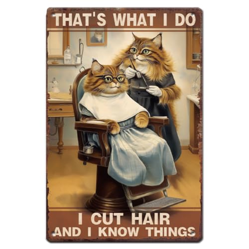 Letrero de estaño con diseño de gato barbería, letreros divertidos de dos gatos, retro, póster de metal vintage, letrero de arte campestre That's What I Doo, decoración de dormitorio, arte de pared