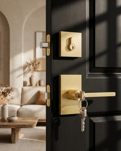 Goldenwarm Brushed Gold Entry Door Handle and Deadbolt Set, Heavy Duty Zinc Alloy Gold Exterior Door Handle - Front Door Lock Set for Exterior Doors, Left-Right Universal Door Lock, 1 Pack