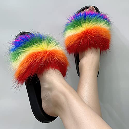Image of Women's Faux Fur Slides, Open Toe Cute Fur Slippers, Indoor or Outdoor Comfortable Furry Slide Sandals With Fluffy Fur