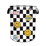 Smiley Face Laundry Basket, Black and White Grid Laundry Hamper Foldable Waterproof Tote Bag Dirty Clothes Storage Bucket Toy Organizer for Bathroom/Laundry/Bedroom 15.7'x19.6'