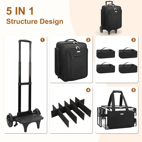 Image of Relavel Rolling Makeup Case with Large Clear Makeup Bags, Large Make Up Travel Organizer with 2 big Wheels, Professional Lockable Makeup Artist Backpack with Adjustable Dividers for Work - Black