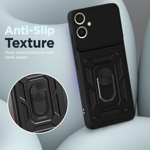 Image of Outlouders Back Cover for Samsung Galaxy M05 / A05 / F05 | D10 Tough Armor 360 Protection Case with Sliding Camera Shield & Ring Holder Stand Bumper Case (Black)