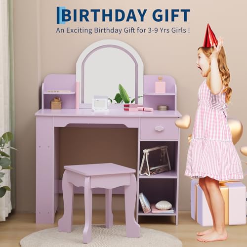 Garvee Kids Vanity with Lighted Mirror & Stool, Little Girls Vanity with Adjustable LED Light, Bookshelf, Storage Drawer & Shelves for Girls 3-9, Purple