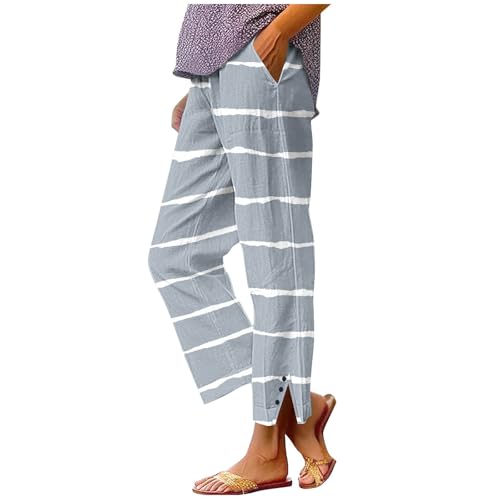 Capri Pants for Womens Striped Lounge High Elastic Waist Loose Fit Comfy Workout Fashion Summer Pant with Pockets S-2XL Gray
