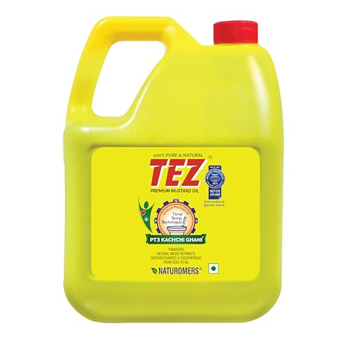 Image of Tez Mustard Oil for Cooking 5L Can | PT3 Kachchi Ghani Sarson Ka Tel | 100% Pure & Natural Oil | Promotes Gut Health with Antibacterial & Antifungal Benefits | Supports Good Health
