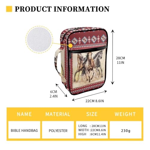 Red Western Horse Bible Cover Case Tribal Geometry Print Carrying Book Case Church Bag Bible Protective with Handle,Gift for Men, Women, Father, Mother3