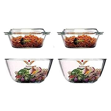 Femora Borosilicate Glass Microwave Safe 2 Mixing Bowl-2100 ML, 2 Serving Casserole-1550 ML, Transparent (Set of 4)