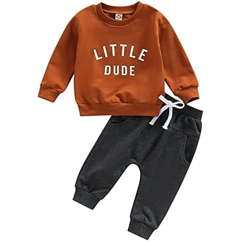 Domisola Toddler Baby Boy Clothes Long Sleeve Letter Print Sweatshirt Tops Trousers Pants Autumn Winter Outfit Set (A3# Brown, 12-18 Months) Cover