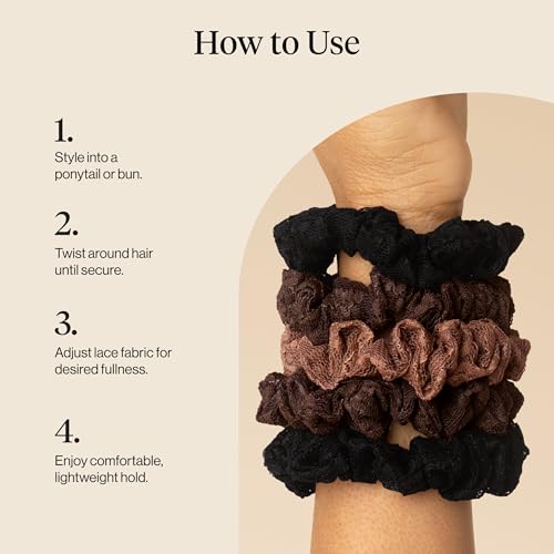 Image of Kitsch Ruched Lace Scrunchies For Women - No Crease, Gentle Hold, Frizz-Free Hair Scrunchies | Soft Lace Hair Accessories for All Hair Types - Black, Chocolate & Mocha, 5pc Set