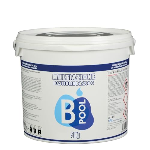 B POOL Multiazione 200 GR. Pastiglie ad azione Sanitizzante, Stabilizzante, Antialghe, Flocculante per il trattamento dell'acqua della tua piscina. Formato da 5 Kg