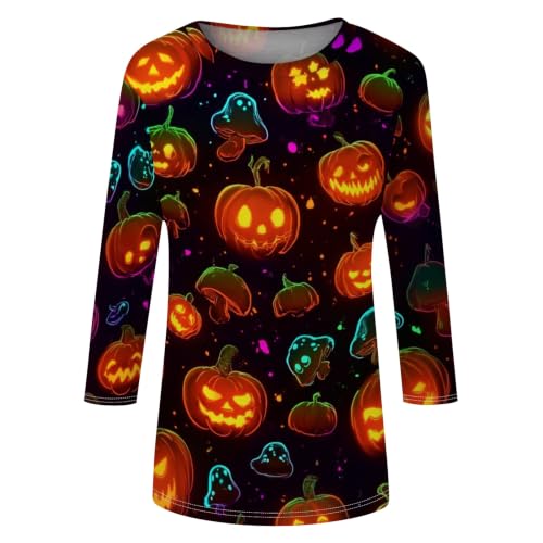 Image of Women Spooky Halloween Graphic Shirt 3 /4 Length Sleeve Crewneck Top | Halloween Funny Printed Pumpkin Plus Size Tshirts 2026 Fall Outfits Skeleton Tee Going Out Tops