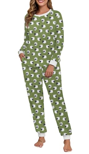 PrinStory Fluffy Pajamas for Women Soft Fleece Warm Pajama Set Fuzzy Pjs Winter 2 Piece Flannel Lounge Sets with Pockets