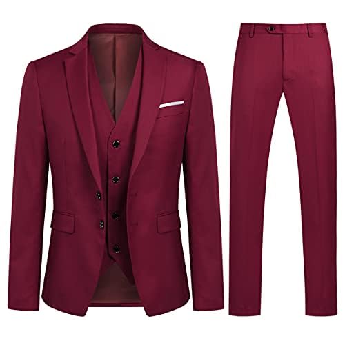 YOUTHUP Traje de hombre de 3 piezas, corte ajustado, 2 botones, traje de hombre, moderno, formal, chaleco, chaleco, pantalones para negocios y bodas, borgoña, L