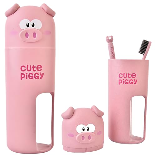 Toothbrush Travel Case, Removable and Portable 2 in 1 Piggy Toothbrush Holder Cup, Use for Travel, Hiking,Camping, School, Bathroom, Cute and Playful Pig Styling for Kids and Teens (Pink)