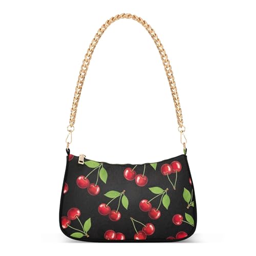 Zipper One Shoulder Purses Bright Red Cherries Green Leaves Tote Handbag Moon Womens Hobo Evening Purse with Chain Strap