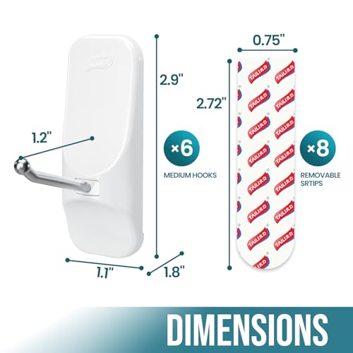 Image of TAILI Hooks for Hanging,6 Sticky Hooks & 8 Adhesive Strips Holds up 3 lb | White Utility Hooks for Painted Wall, No Damage Heavy Duty, Removable & Reusable for Door, Dorm, Clothes, Kitchen