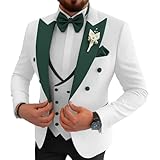 msatuy Wedding Tuxedo for Men Floral Jacquard Emerald Green and White Tuxedo Suit Set 3 Piece Suits for Wedding Floral Jacquard Double Breasted White and Emerald Green Mens Tuxedos Suits XL