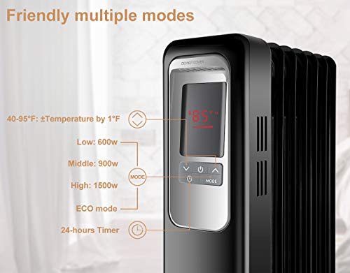 Aikoper Space Heater, 1500W Oil Filled Radiator heater with 24-Hours Timer, Remote Control, Digital Thermostat, Tip-over & Overheat Protection, Electric Portable Heater for Full Room Indoor Office