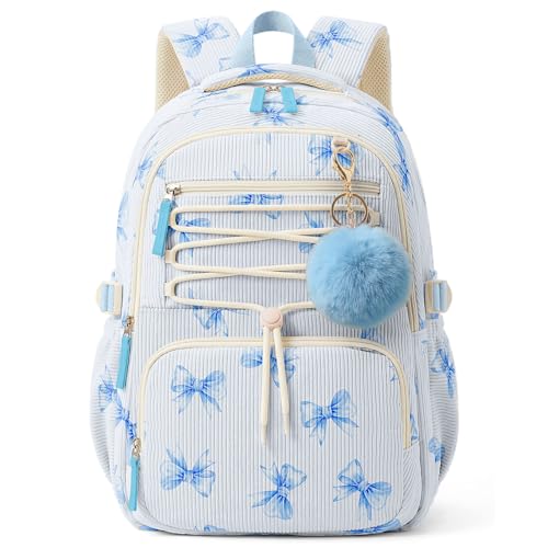 WOBAGMEN Corduroy Backpack for Kids Girls Cute Aesthetic School Backpack with Multi-Pocket Lightweight Bookbag Fits 15.6 Laptop Large Capacity Casual Daypacks for Middle High School College Blue Bow