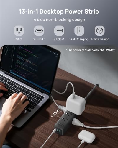 Image of TROND 360 Rotating Flat Plug Power Strip 5ft with USB PD 20W, 9 AC, Black | Flat Extension Cord Surge Protector 1300J, 1625W, Wall Mountable, for Home Office Travel Dorm Room Essentials