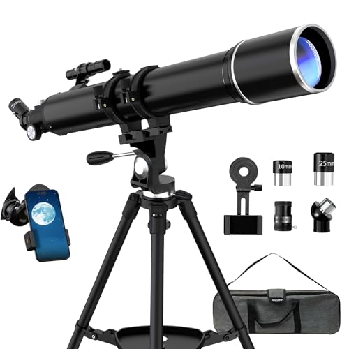 Telescopio, 90 mm Apertura 900 mm Telescopio Astronómico Profesional para Adultos Niños y Principiantes, Telescopio Refractor Portátil con Trípode,Teléfono Adaptador, Bolsa (Negro)
