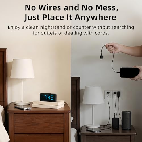 Image of Battery Operated Small Alarm Clock: Digital Compact Large Display Cordless Clock for Bedroom Travel - Simple to Use for Seniors Teens Blue Digits