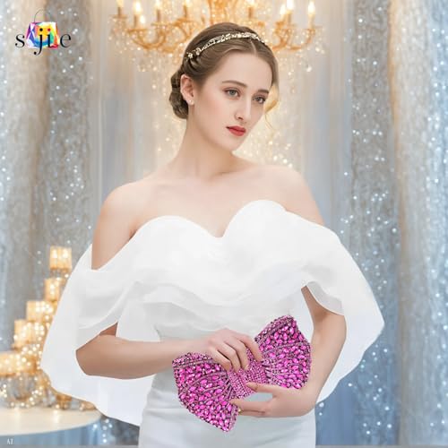 Image of Handmade Inlay Rhinestone Bow Clutch Bag for Women, Sparkling Evening Party Wedding Purse with Detachable Pearl Chain
