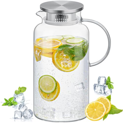 NiHome 68oz/2L Clear Glass Pitcher with Stainless Steel Lid for Iced Tea, Juice, Coffee, Sangria, Milk & More, Dishwasher Safe Heat-Resistant Borosilicate Glass Water Jug, Smooth Pouring and Straining