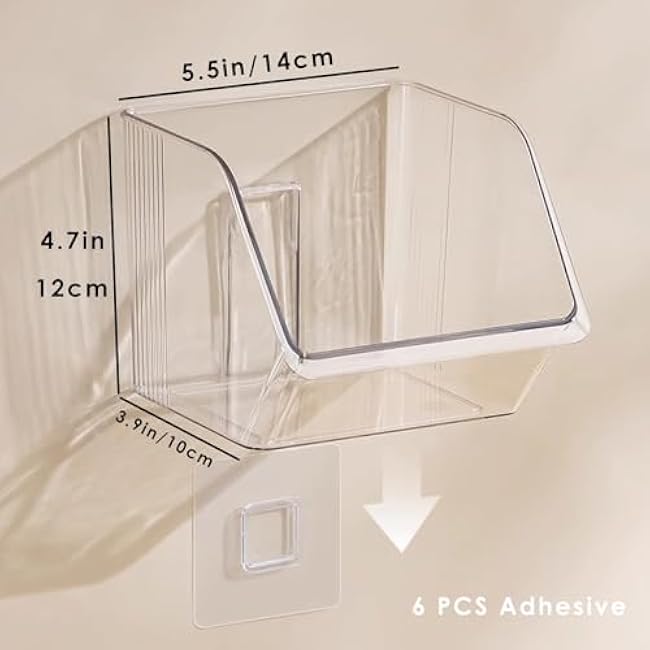 6-Pack Small Clear Storage Baskets, Adhesive Spice Rack Wall Mount for Countertop/Cabinet/Bathroom, Plastic Storage Bins Kitchen Wall Organizer and Storage Shelves, Spice Organizer