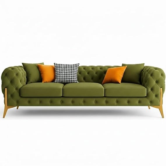 Image of A to Z Furniture Modern Classic Fabric & Valvet Tufted Chesterfield Sofa Living Room and Office (3+1= 4 Seater Sofa Set with Footrest Olive Green)