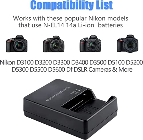 Image of EN-EL14 Rechargeable Battery + charger Pack Compatible with Nikon Digital Cameras|D3100,D3200,D3300,D3400,D3500,D5100,D5200,D5300,D5500,D5600|Coolpix P7000, P7100, P7200, P7700, P7800, Df