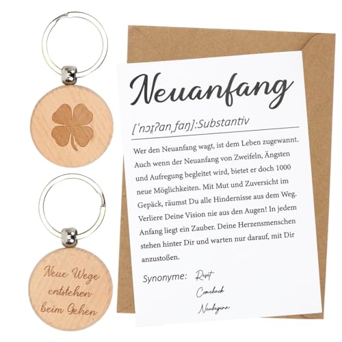 MorLuks Neuanfang Geschenk Karte Neuanfang mit Kleeblatt Schlüsselanhänger Holz Karte Abschied Geschenke für Kollegen Jobwechsel Ruhestand Neuer Job Umzug Mutmacher