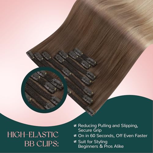Image of Easyouth Clip in Extensions Ombre Human Hair Extensions Clip ins Light Brown to Ash Blonde Mix Platinum Blonde Clips in Hair Extension Real Human Hair 22 Inch 85G 5Pcs