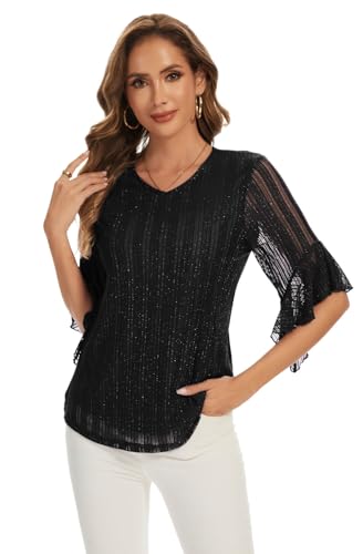 Women's 3/4 Sleeve Tops Sparkly Dressy V Neck Blouse Glitter Evening Party Shirts2
