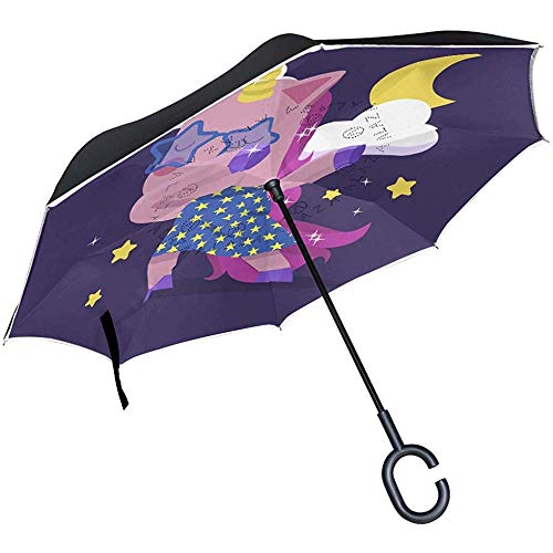 Preisvergleich Produktbild Doppelschicht-Umkehrregenschirm Nettes Tier, Das Winddichten Auto-Regen Außerhalb des C-Förmigen Griffs Abtupft