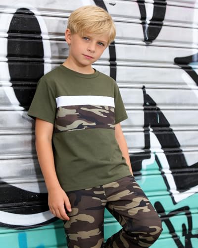 Image of OLMRJKD Boys 2 Piece Outfits Color Block Clothes Short Sleeve T Shirt and Camouflage Pants Summer Clothing Sets