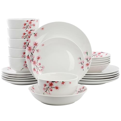 Elama Tamara 24 Piece Cherry Blossom Porcelain Dinnerware Set, Service for 6 in White and Pink