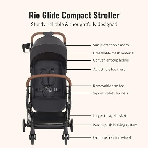Image of Dream On Me Rio Glide Ultra-Light Compact Stroller, One-Hand Self-Standing Fold, Adjustable Backrest & Footrest, 5-Point Harness, Cup Holder, Suspension Wheels with Storage Basket - Black