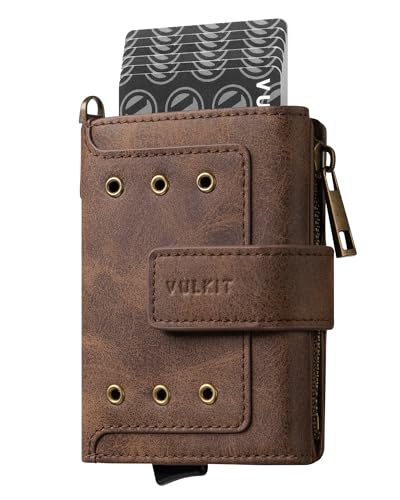 VULKIT Mens Wallet RFID Protected with POP UP Credit Card Ejector Case, ID Window, Zipper Pocket for Coins and Compartment for Bills/Banknotes, Coffee Brown