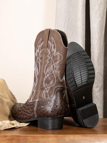 Image of Western cowboy boots, ostrich leather, embroidered design, brown, mid-calf, men's antique ostrich embossed exotic western boots round head.