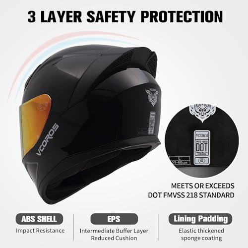 Motorcycle Full Face Helmet for Unisex-Adults DOT Approved WS-609 Motorbike Street Bike Racing Helmets with Visor and Anti-Fog Film(Gloss Black,L) - Thumbnail 4