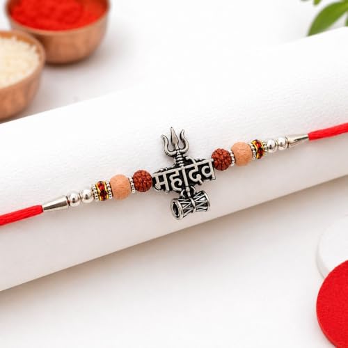 Image of Pack of 2 Mahadev Rakhi for Brother | Shivling, Trishul and Damru Designer Set with Rudraksha-Style Beads | Raksha Bandhan Rakhi for Men & Boys