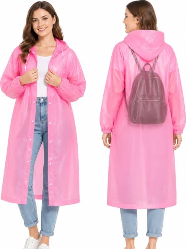 Image of Hooded Waterproof Men's & Women's Raincoat, Lightweight Long Rain Jacket, Button Front, Windproof Outdoor Rainwear | Free Size |