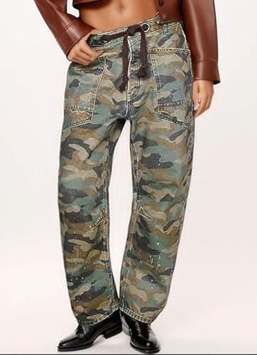 loveimgs Women Baggy Camo Cargo Pants Barrel Jeans Sweatpants Mid Rise Jeans Drawstring Denim Pants Camouflage Boyfriend Y2k2